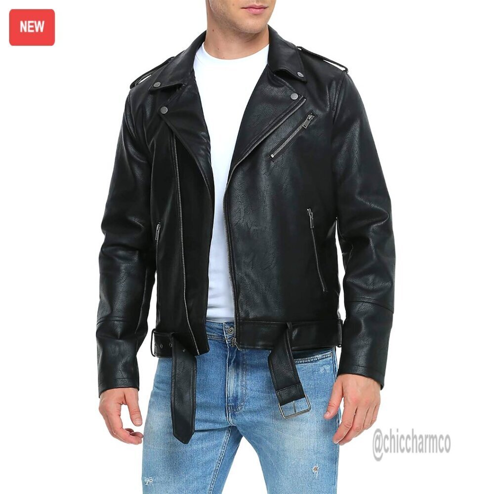 Faux Leather Bomber Jacket Slim Fit Biker Coat Asymmetric Zip-Up Belt Lapel